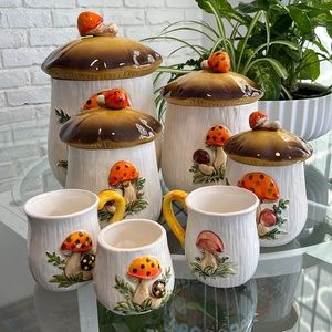 Vintage MCM Sears and Roebuck Merry Mushroom Canister Set with Bonus Mugs